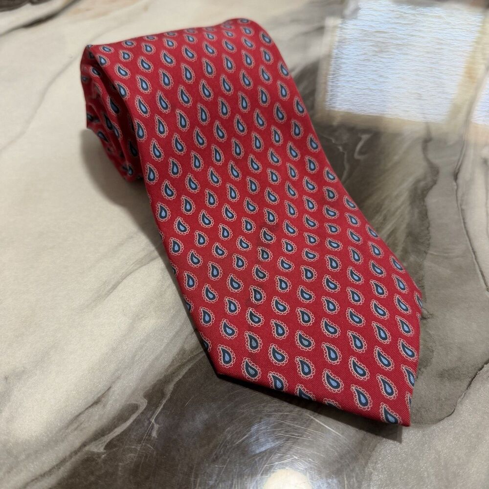 Vintage Bill Blass Red Silk Paisley Tie with Navy and Light Blue Accents